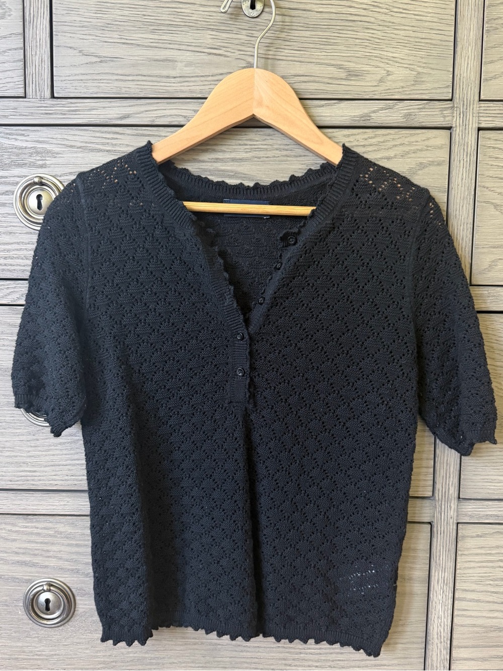 Black Crochet Scallop Black Henley Short Sleeve Sweater Gap